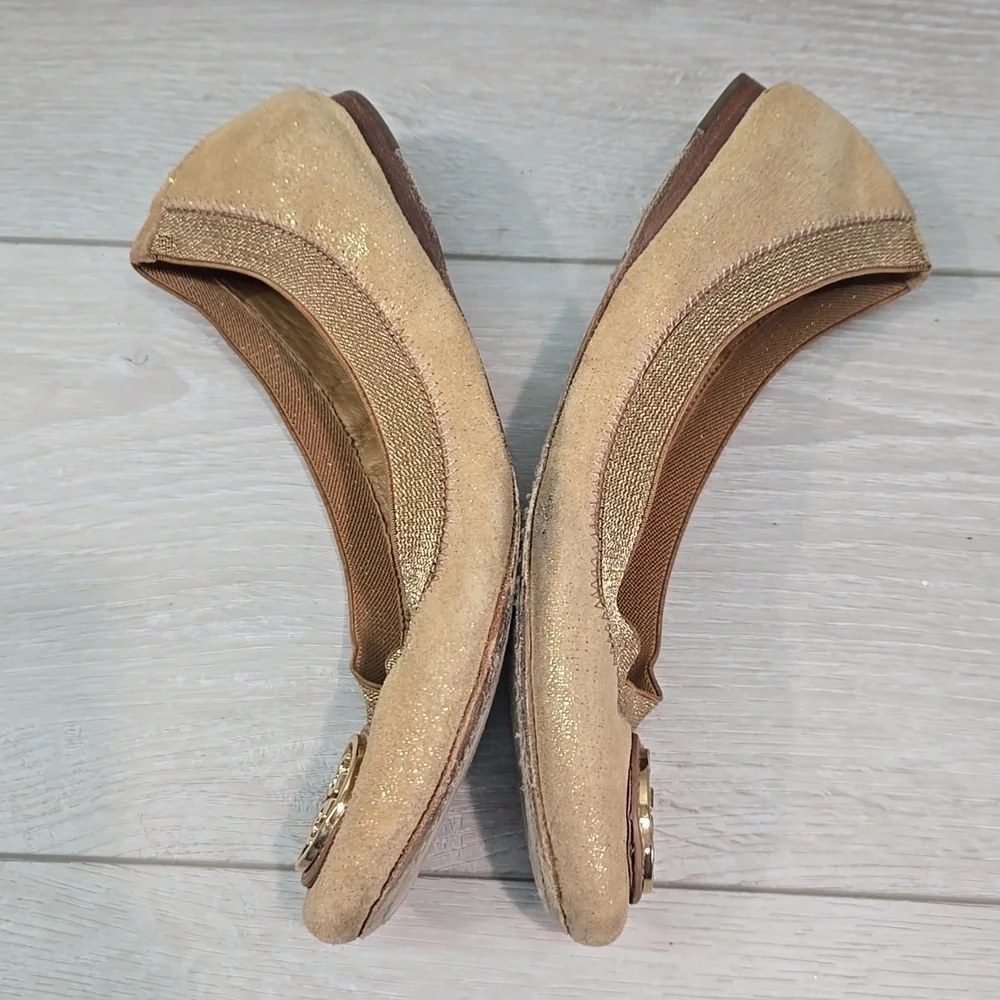 Tory Burch Glitter Suede Stretch Gold Ballet Flats Logo Shoes Sz 7M